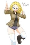  absurdres aono3 black_footwear black_shirt blonde_hair blue_eyes blue_shorts boots brown_jacket denim denim_shorts english girls_und_panzer hair_intakes highres jacket kay_(girls_und_panzer) leg_up long_hair looking_at_viewer military military_uniform one_eye_closed open_clothes open_jacket open_mouth pointing saunders_military_uniform shirt short_shorts shorts simple_background smile solo standing standing_on_one_leg thighhighs uniform white_background white_legwear 