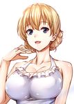  bangs blonde_hair blue_eyes braid breasts cleavage collarbone darjeeling frilled_swimsuit frills girls_und_panzer halterneck highres large_breasts looking_at_viewer one-piece_swimsuit parted_lips shirt short_hair simple_background smile solo swimsuit tied_hair twin_braids upper_body white_background white_swimsuit zucchini 