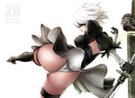  ass black_blindfold black_dress black_legwear blindfold dress from_behind gloves kicking nier_(series) nier_automata partially_visible_vulva short_hair simple_background solo souryu sword thighhighs thighs weapon white_background white_hair yorha_no._2_type_b 