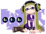  :3 arm_support bangs bike_shorts black_shorts black_wristband blue_eyes blunt_bangs blush boots brown_footwear closed_mouth commentary domino_mask full_body gameplay_mechanics green_hair headphones heart heart-shaped_pupils highres inkling long_hair looking_at_viewer mask paint_splatter pointy_ears print_shirt puchiman purple_shirt shirt shorts single_vertical_stripe sitting smile solo splatoon_(series) splatoon_1 squid symbol-shaped_pupils t-shirt tentacle_hair twitter_username wariza wristband 