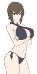  bangs bikini black_bikini breast_hold breasts cleavage closed_mouth cowboy_shot crossed_arms girls_und_panzer large_breasts looking_at_viewer nishizumi_maho short_hair side-tie_bikini simple_background solo standing swimsuit white_background zucchini 