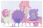  3boys arms_behind_head black_hair blue_eyes blue_hair chair closed_eyes cup domino_mask drinking electric_guitar guitar hand_in_pocket ichiya_(splatoon) ikkan_(splatoon) instrument katou_(osoraku) limited_palette looking_down mask mug multiple_boys murasaki_(splatoon) music namida_(splatoon) necktie orange_eyes orange_hair playing_instrument polka_dot polka_dot_shirt purple_hair sea_urchin shirt short_hair sitting spiked_hair splatoon_(series) splatoon_1 striped striped_neckwear sweatshirt tentacle_hair 