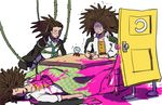  blood broken_glass brown_hair checkered corpse crystal_ball danganronpa danganronpa_1 danganronpa_3 door formal glass hagakure_yasuhiro hairlocs haramaki highres imoni_(1110) interlocked_fingers kotatsu lying male_focus multiple_boys multiple_persona on_back open_mouth pink_blood simple_background suit sweat table thorns trembling turn_pale white_background 