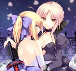  agekichi_(heart_shape) artoria_pendragon_(all) bad_anatomy bare_shoulders blonde_hair blue_eyes breasts cleavage dark_excalibur dress elbow_gloves fate/stay_night fate_(series) gloves looking_at_viewer medium_breasts multiple_girls saber saber_alter short_hair sword weapon yellow_eyes 