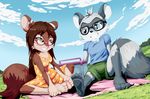  2016 anthro aurelie_(character) belatro_(character) black_nose blue_eyes breasts brown_hair clothed clothing duo eyewear female glasses goshaag grass green_eyes hair male mammal outside picnic pink_nose raccoon rodent squirrel 