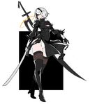  absurdres black_dress black_gloves black_legwear blindfold boots breasts cleavage_cutout dress full_body gloves hairband highres juliet_sleeves katana lips long_legs long_sleeves makai mole mole_under_mouth nier_(series) nier_automata panties pantyshot pantyshot_(standing) puffy_sleeves side_slit silver_hair sketch small_breasts solo standing sword thigh_boots thighhighs underwear weapon yorha_no._2_type_b 