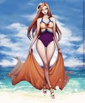  absurdres bare_legs beach bracelet breasts brown_eyes brown_hair cameltoe cleavage cloud crossed_legs day feversea flower full_body hair_flower hair_ornament highres jewelry league_of_legends leona_(league_of_legends) long_hair long_legs medium_breasts one-piece_swimsuit pool_party_leona purple_swimsuit sandals sarong sarong_removed smile solo standing sunflower swimsuit 