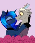  2016 antlers blue_feathers blue_fur blue_hair crown discord_(mlp) draconequus duo equine eyes_closed feathered_wings feathers female feral friendship_is_magic fur hair horn hug jewelry lunacordlover male mammal my_little_pony necklace pink_background princess_luna_(mlp) simple_background winged_unicorn wings 