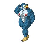 abs beak behold_my_girth big_blue_(character) big_muscles blue_feathers breasts clitoris eyelashes feathers flexing green_eyes hi_res hyper hyper_muscles muscular nipples pussy simple_background smile talons white_background 