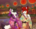  anthro apes canine clothed clothing duo female food fox japanese_clothing kimono male mammal open_mouth outside smile standing 