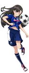  ball bangs black_hair blue_legwear blue_shorts blush brown_eyes cleats clenched_teeth clothes_writing emblem full_body girls_und_panzer highres j._league jersey kneehighs leg_up long_hair mito_hollyhock navel nishi_kinuyo number one_eye_closed parted_lips pink_footwear shiny shiny_skin shoes short_sleeves shorts soccer soccer_ball soccer_uniform solo sportswear stomach teeth transparent_background waifu2x 