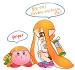  1girl :d bike_shorts copy_ability domino_mask fang full_body hand_on_own_knee ink_tank_(splatoon) inkling jtveemo kirby kirby_(series) long_hair looking_at_another mask nintendo open_mouth orange_eyes orange_hair pink_footwear pointy_ears shirt shoelaces shoes short_sleeves sideways_mouth simple_background smile sneakers speech_bubble splatoon splatoon_(series) splatoon_1 splattershot_(splatoon) squatting super_smash_bros. super_smash_bros._ultimate t-shirt tentacle_hair white_background white_shirt 