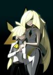  1girl alternate_costume bad_id bad_twitter_id belt black_pants blonde_hair cravat dress formal gem gladio_(pokemon) green_eyes hair_over_one_eye highres kuroi_paseri long_hair long_sleeves lusamine_(pokemon) mother_and_son pants pokemon pokemon_(game) pokemon_sm shirt short_hair sleeveless sleeveless_dress white_dress white_shirt 