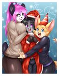  2016 anthro bear black_hair blue_eyes border candy candy_cane canine christmas clothed clothing english_text fangs female food fox fully_clothed fur green_eyes group hair hat holidays long_hair looking_at_viewer male mammal mleonheart olivia_(mleonheart) open_mouth panda party_hat ponytail purple_eyes purple_hair santa_hat shaze text tongue white_border 