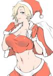  absurdres bandeau blonde_hair blue_eyes breasts capelet christmas cleavage collarbone fingerless_gloves fur-trimmed_capelet fur-trimmed_gloves fur_trim gggg gloves groin hand_to_own_mouth hand_up hat highres large_breasts looking_at_viewer mercy_(overwatch) navel open_mouth overwatch parted_lips pom_pom_(clothes) red_gloves red_hat sack santa_hat short_hair simple_background skirt solo stomach strapless white_background 