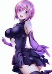  armor ass bare_shoulders breasts elbow_gloves emanon123 fate/grand_order fate_(series) gloves hair_over_one_eye highres looking_back mash_kyrielight medium_breasts purple_eyes purple_gloves purple_hair skirt solo white_background 