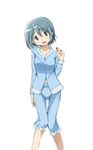  :d ass_visible_through_thighs blue_eyes blue_hair blush collarbone eyebrows_visible_through_hair hair_ornament hairclip hairclip_removed head_tilt highres jewelry kinfuji knees_together long_sleeves looking_at_viewer mahou_shoujo_madoka_magica miki_sayaka navel open_mouth pajamas ring short_hair simple_background smile solo soul_gem thigh_gap white_background 