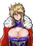  1girl artoria_pendragon_lancer_(fate/grand_order) blonde_hair blush breasts bursting_breasts cape cleavage closed_mouth dress fate/grand_order fate_(series) fur_trim gggg green_eyes huge_breasts long_hair looking_at_viewer no_bra pov serious shiny shiny_clothes shiny_hair shiny_skin simple_background solo_focus upper_body white_background 