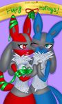  2016 alternate_color blue_fur bow breasts canine christmas digital_media_(artwork) front_view fur gift hi_res holidays lewdcario lucario mammal mistletoe new_year nintendo plant pok&eacute;mon pseudo_clothing red_fur ribbons romantic_couple simple_background video_games 