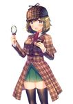  bangs black_legwear blonde_hair blue_eyes blush bow breasts capelet chocolate chocolate_bar commentary_request cowboy_shot deerstalker detective food food_on_face green_skirt hands_up hat highres holding holding_food large_breasts looking_at_viewer magnifying_glass original plaid plaid_hat pleated_skirt red_bow shiny shiny_hair short_hair simple_background skirt smile solo sparkle suihei_sen thighhighs white_background zettai_ryouiki 