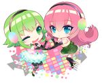  blue_eyes chibi commentary dress earmuffs eyebrows_visible_through_hair eyelashes frilled_dress frilled_skirt frills full_body green_eyes green_hair gumi happy_synthesizer_(vocaloid) heart heart_of_string long_hair megurine_luka mouthpiece multiple_girls nijita18 one_eye_closed pink_hair pouty_lips short_hair skirt smile transparent_background very_long_hair vocaloid 