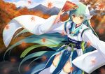  absurdly_long_hair arm_up autumn_leaves bangs blue_sky cloud cloudy_sky commentary_request day eyebrows_visible_through_hair fan fate/grand_order fate_(series) floating_hair folding_fan green_hair holding holding_fan japanese_clothes kimono kiyohime_(fate/grand_order) leaf light_rays long_hair maple_leaf mountain nature outdoors over-kneehighs paper_fan pelvic_curtain sash sky smile solo thighhighs very_long_hair white_kimono white_legwear wide_sleeves yashiro_seika yellow_eyes 