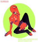  anart1996 areola balls blush breasts claws clothing demon dickgirl fiend humanoid intersex leggings legwear looking_at_viewer nipples penis pilotredsun pinup pose red_skin simple_background toe_claws vein veiny_penis yellow_eyes 