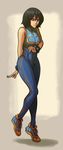  black_hair bodysuit brown_eyes chun-li chun-li_(cosplay) cosplay full_body highres long_legs mikasa_ackerman onikorosu shingeki_no_kyojin shoes short_hair sleeveless sneakers solo street_fighter street_fighter_zero_(series) studded_bracelet vest 