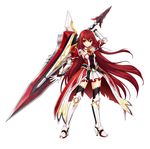 absurdres armor armored_dress artist_request black_legwear braid detached_collar elesis_(elsword) elsword full_body gloves grand_master_(elsword) greaves half_updo highres holding holding_weapon huge_weapon long_hair neckerchief no_nose official_art overskirt red_eyes red_hair serious solo standing sword thighhighs very_long_hair weapon white_background white_gloves zettai_ryouiki 