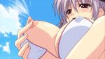 1girl animated animated_gif bikini breasts cleavage cosplay_roshutsu_kenkyuukai erect_nipples hinata_aya huge_breasts lactation milk 