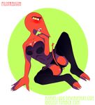  anart1996 blush breasts claws clothing demon female fiend humanoid leggings legwear looking_at_viewer pilotredsun pinup pose red_skin simple_background spade_tail tight_clothing toe_claws underwear yellow_eyes 