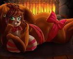  2016 anthro areola breasts brown_hair butt cheezayballz female fire fireplace green_eyes hair inside long_hair looking_at_viewer lying mammal nipple_piercing nipples piercing red_panda ribbons solo 
