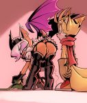  2019 2_tails anthro big_breasts bigdad blush breasts canid canine chiropteran clothing duo female fox hair hair_over_eye high_heeled_boots looking_back maid_uniform male mammal miles_prower multi_tail no_underwear open_mouth presenting pussy rouge_the_bat sonic_(series) uniform wings 
