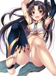  :d armlet arms_up asymmetrical_legwear asymmetrical_sleeves bare_shoulders barefoot black_hair blush breasts crown earrings fate/grand_order fate_(series) feet gloves hair_ribbon harimoji hoop_earrings ishtar_(fate/grand_order) jewelry knees_up long_hair long_legs looking_at_viewer medium_breasts open_mouth red_eyes ribbon shiny shiny_skin single_glove single_thighhigh sitting smile soles solo thighhighs toes white_background 