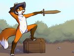  2016 anthro canine clothing cub drychicken female flat_chested fox fur hair hat mammal melee_weapon mostly_nude nipples open_mouth outside pussy solo sword teeth weapon white_fur yellow_eyes young 