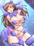  animal_ears armpits arms_up ass_visible_through_thighs blue_eyes blush breasts brown_hair cosplay covered_nipples dangerous_beast dashigarayama dutch_angle earrings elbow_gloves fang fate/grand_order fate_(series) fur_trim gloves jewelry lace lace-trimmed_thighhighs large_breasts long_hair looking_at_viewer mash_kyrielight mash_kyrielight_(cosplay) mata_hari_(fate/grand_order) open_mouth purple_gloves purple_legwear solo tail thighhighs wolf_ears wolf_tail 