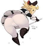  ass blonde_hair blue_eyes bow bravely_default:_flying_fairy bravely_default_(series) dated edea_lee hair_bow looking_at_viewer looking_back short_hair signature simple_background solo sword thighs tsukudani_(coke-buta) upskirt weapon white_background 