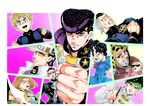  6+boys absurdres anchor_symbol baby black_hair blonde_hair blue_eyes brown_hair clenched_hand clenched_hands dollar_sign earrings facial_hair foreshortening formal fungami_yuuya gakuran glasses green_hair grey_hair hat headband higashikata_jousuke highres hirose_kouichi imaru_(yashiro19950425) jewelry jojo_no_kimyou_na_bouken joseph_joestar kawajiri_hayato kira_yoshikage kishibe_rohan kuujou_joutarou light_brown_hair long_hair multicolored_hair multiple_boys multiple_girls necktie nijimura_okuyasu open_mouth peace_symbol pen pompadour purple_eyes purple_hair school_uniform serafuku shizuka_joestar star stud_earrings suit turtleneck two-tone_hair vest wavy_hair yamagishi_yukako yen_sign 