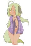  ahoge animal_ears blush bottomless convenient_censoring dark_skin dog_ears done_(donezumi) flat_chest groin light_green_hair long_hair low_twintails naked_shirt open_clothes open_shirt protected_link shirt solo tail titi-chan_(nezumi_inu) twintails yellow_eyes 