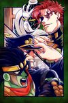  adjusting_clothes adjusting_hat black_hair chain clenched_hand fingerless_gloves framed gakuran gloves green_eyes hat hierophant_green highres imaru_(yashiro19950425) jojo_no_kimyou_na_bouken kakyouin_noriaki kuujou_joutarou male_focus multiple_boys open_mouth purple_eyes red_hair school_uniform stand_(jojo) star_platinum 