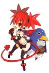  demon_tail demon_wings disgaea doughnut earrings etna flat_chest navel open_mouth pointy_ears prinny red_hair simple_background thighhighs twintails white_background wings zizi_niisan 