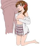  1boy 1girl barefoot blush breasts brown_eyes brown_hair collarbone feet fellatio full_body hand_on_another&#039;s_head hand_on_head handjob kneeling nipples oral penis pleated_skirt precure sakagami_ayumi sakecho simple_background skirt small_breasts standing twintails white_background 