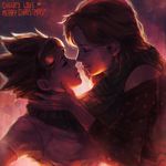  absurdres brown_hair closed_eyes couple emily_(overwatch) freckles goggles goggles_on_head highres imminent_kiss monori_rogue multiple_girls overwatch parted_lips red_hair scarf shared_scarf spiked_hair tracer_(overwatch) yuri 