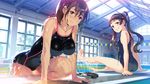  2girls ass bare_arms bare_legs bare_shoulders barefoot black_hair blue_eyes blush breasts brown_hair clenched_teeth competition_swimsuit feet game_cg goggles hamashima_shigeo highres indoors kazama_natsuki kurotsuki_saaya large_breasts legs long_hair looking_at_viewer multiple_girls one-piece_swimsuit original pink_eyes ponytail pool shinsou_noise:_jushin_tantei_no_jikenbo sideboob sitting small_breasts smile swimsuit thighs twintails water wet 