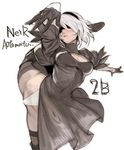  black_dress black_gloves black_legwear blindfold blush breasts dress error gloves grey_hair hairband highres leg_up medium_breasts mole mole_under_mouth nier_(series) nier_automata panties simple_background solo tetsu_(kimuchi) thighhighs typo underwear white_background white_panties yorha_no._2_type_b 