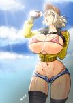  bikini blonde_hair breasts cidney_aurum devil-v erect_nipples final_fantasy_xv green_eyes hat huge_breasts water 