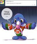  2016 ask_blog askpopplio clothed_feral clothing dialogue english_text fashion_disaster feral looking_down mammal marine nintendo on_haunches pinniped pok&eacute;mon popplio solo speech_bubble spread_arms sweater text tumblr video_games 