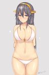  2016 arms_behind_back bare_shoulders bikini black_hair blush breasts cleavage cowboy_shot dated hairband haruna_(kantai_collection) headgear highres kantai_collection kuavera large_breasts light_smile long_hair looking_at_viewer navel shy signature simple_background solo stomach swimsuit thighs yellow_eyes 