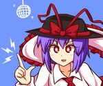  :d ascot bangs black_hat blue_background bow collarbone commentary disco_ball english_commentary eyebrows_visible_through_hair frills hair_between_eyes hand_up hat hat_bow hat_ribbon index_finger_raised lightning_bolt long_sleeves looking_at_viewer nagae_iku open_mouth purple_hair red_bow red_eyes red_ribbon ribbon saturday_night_fever shawl shirt short_hair simple_background smile solo sparkle touhou upper_body white_shirt wool_(miwol) 