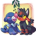  2016 ambiguous_gender askpopplio blush boop duo eyes_closed feline feral litten mammal marine mistletoe nintendo pinniped plant pok&eacute;mon popplio sitting smile video_games 